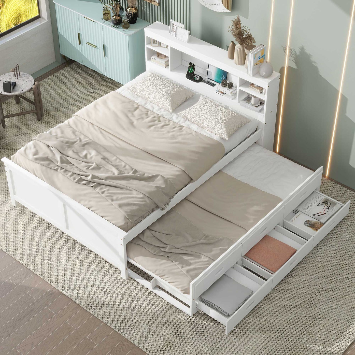 Full Size Platform Bed with Storage Headboard, USB, Twin Size Trundle and 3 Drawers, White image 4