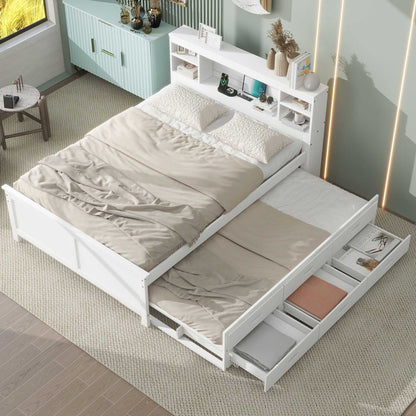 Full Size Platform Bed with Storage Headboard, USB, Twin Size Trundle and 3 Drawers, White image 4
