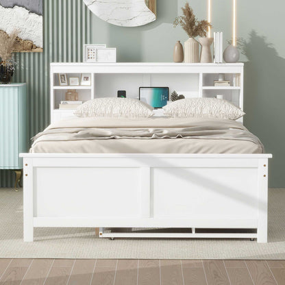Full Size Platform Bed with Storage Headboard, USB, Twin Size Trundle and 3 Drawers, White image 3