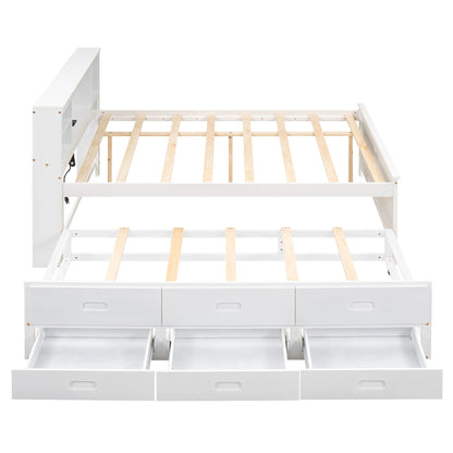 Full Size Platform Bed with Storage Headboard, USB, Twin Size Trundle and 3 Drawers, White image 17