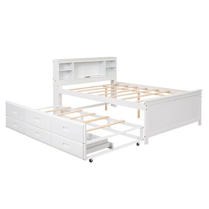 Full Size Platform Bed with Storage Headboard, USB, Twin Size Trundle and 3 Drawers, White image 16