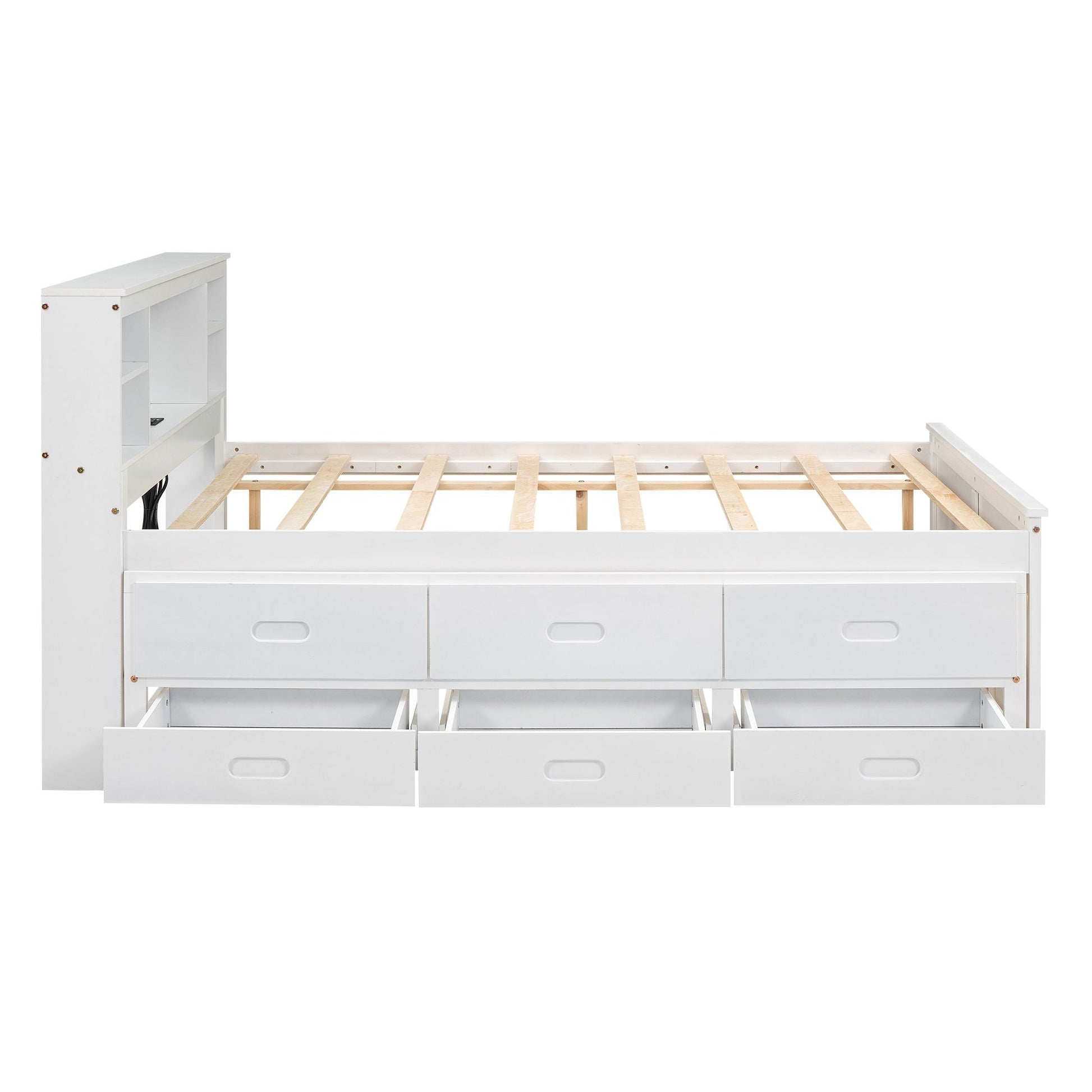 Full Size Platform Bed with Storage Headboard, USB, Twin Size Trundle and 3 Drawers, White image 14