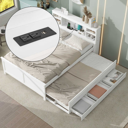 Full Size Platform Bed with Storage Headboard, USB, Twin Size Trundle and 3 Drawers, White image 1