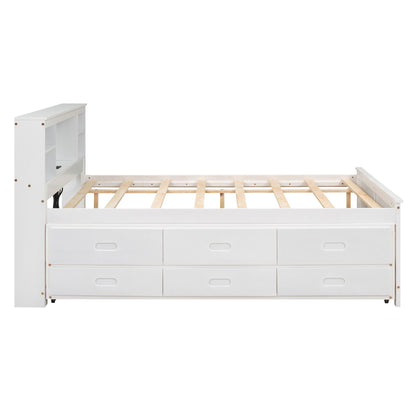 Full Size Platform Bed with Storage Headboard, USB, Twin Size Trundle and 3 Drawers, White image 13