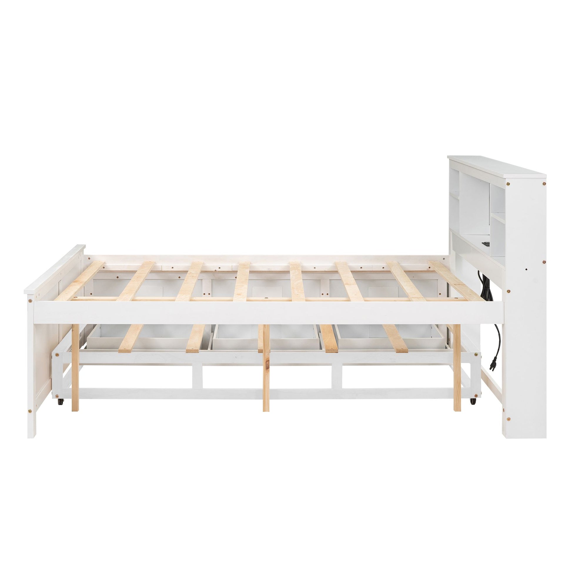 Full Size Platform Bed with Storage Headboard, USB, Twin Size Trundle and 3 Drawers, White image 9