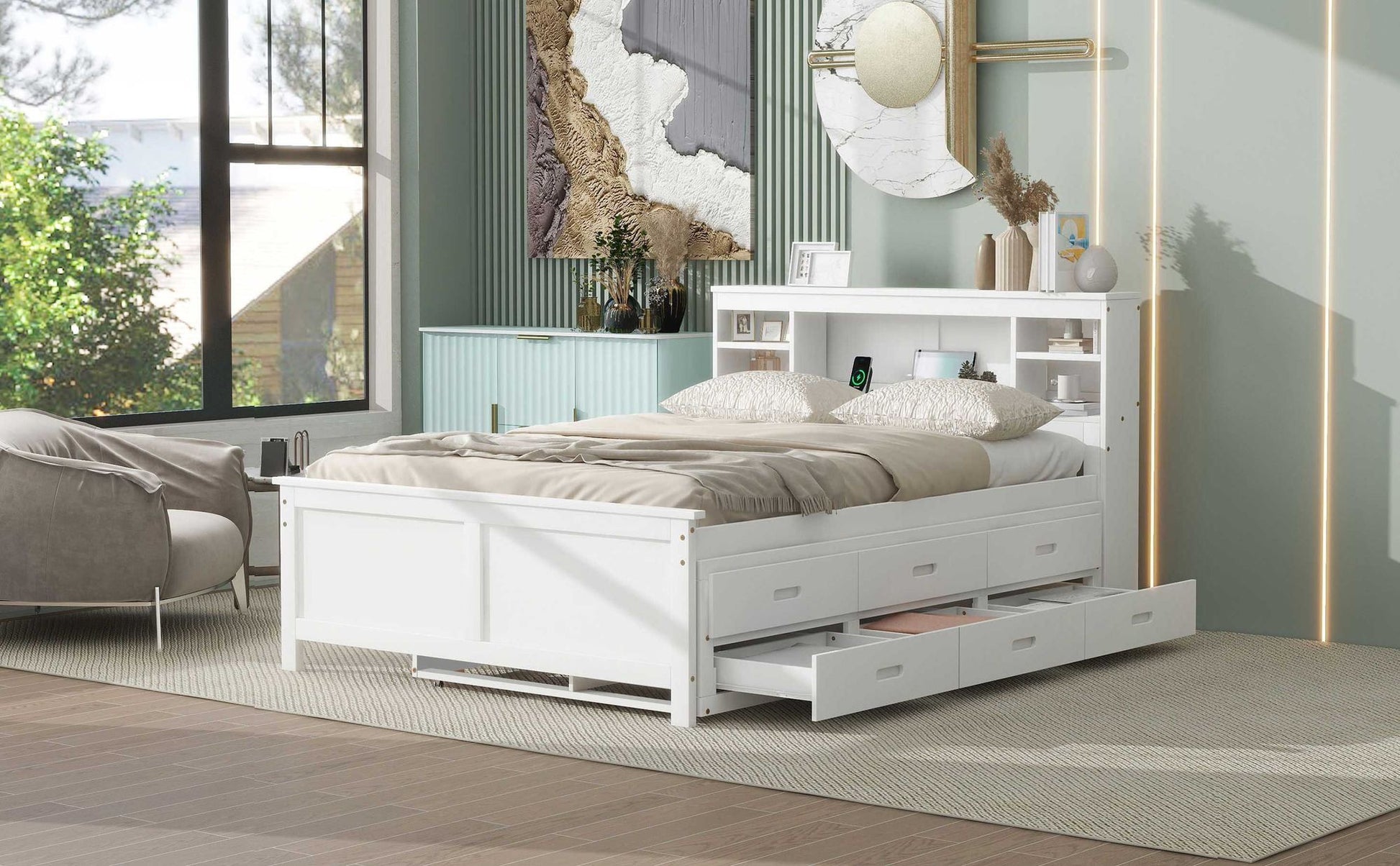 Full Size Platform Bed with Storage Headboard, USB, Twin Size Trundle and 3 Drawers, White image 5