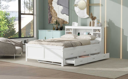 Full Size Platform Bed with Storage Headboard, USB, Twin Size Trundle and 3 Drawers, White image 5