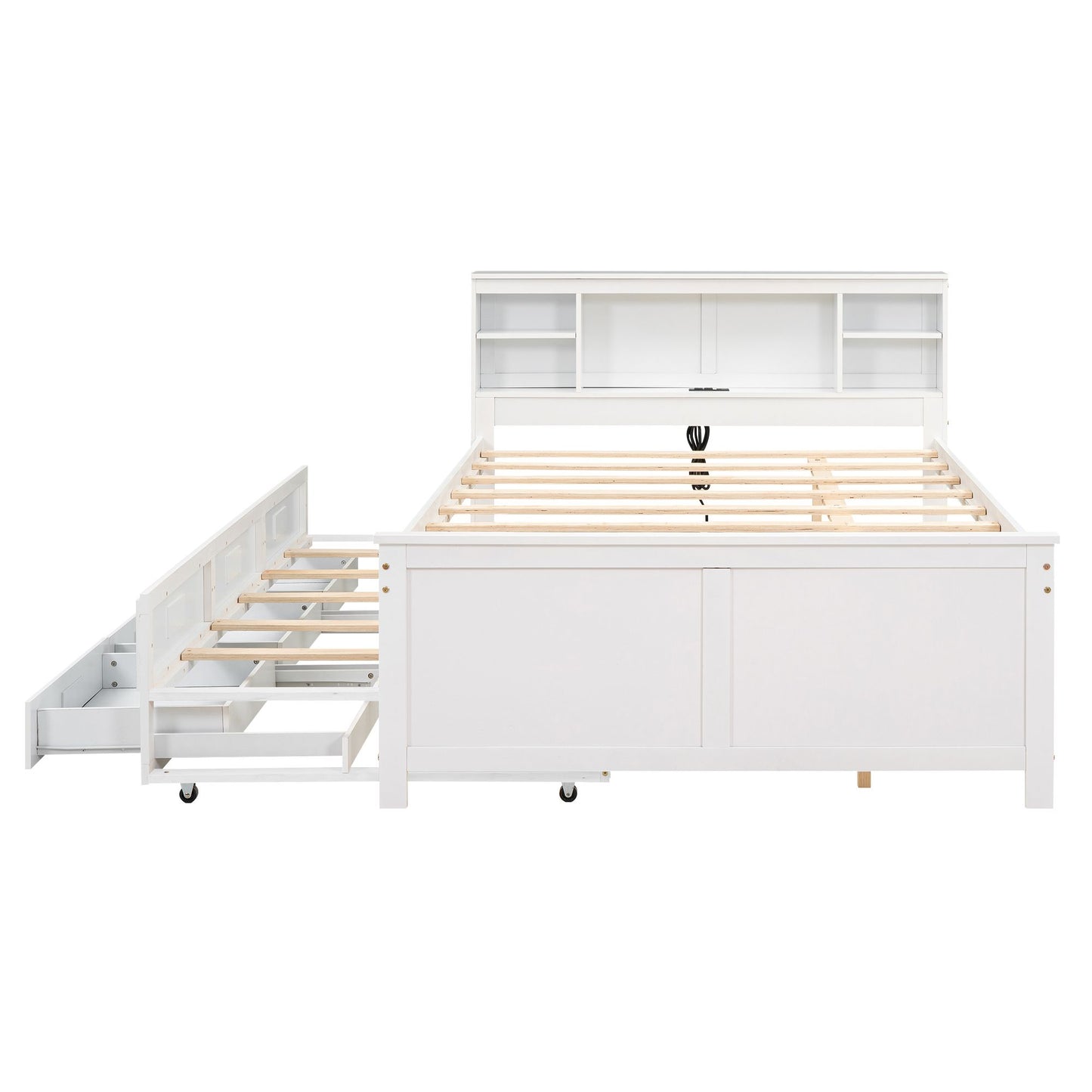 Full Size Platform Bed with Storage Headboard, USB, Twin Size Trundle and 3 Drawers, White image 12