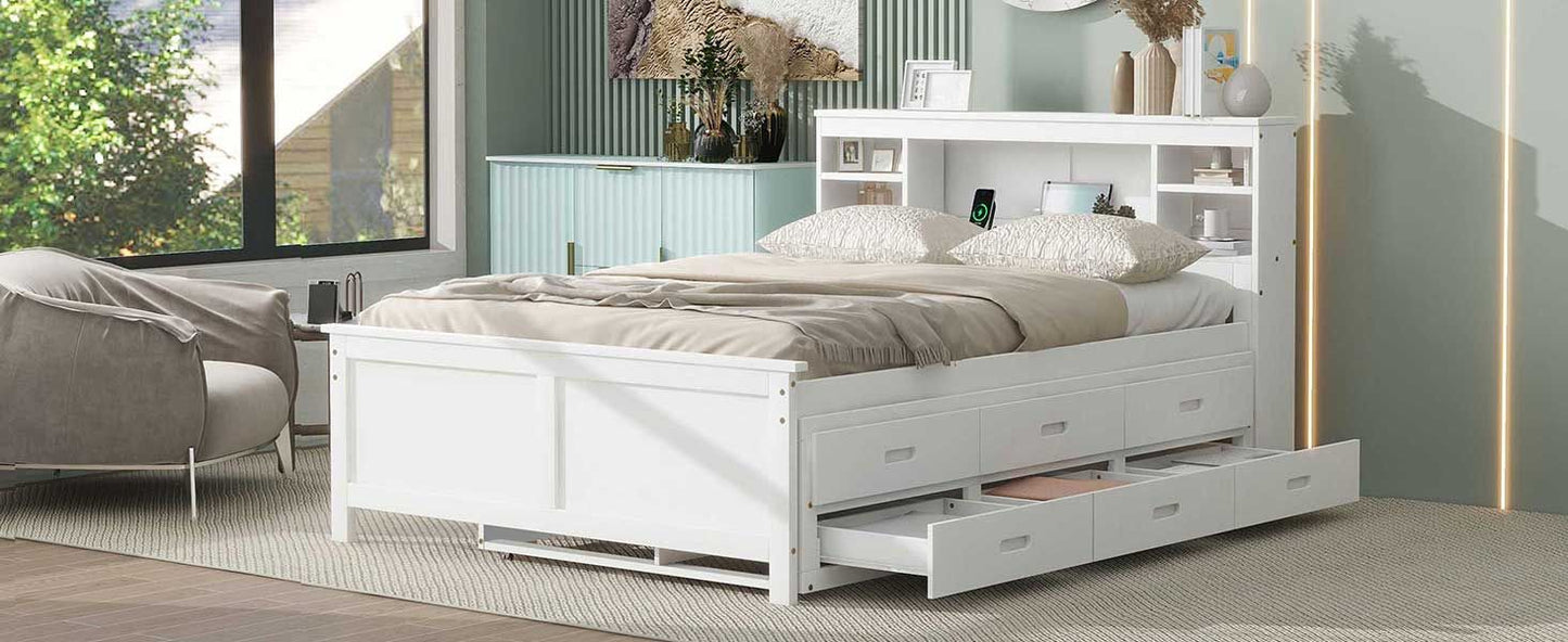 Full Size Platform Bed with Storage Headboard, USB, Twin Size Trundle and 3 Drawers, White image 6