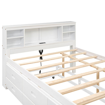 Full Size Platform Bed with Storage Headboard, USB, Twin Size Trundle and 3 Drawers, White image 10