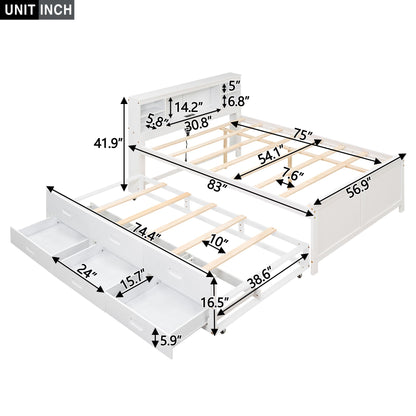 Full Size Platform Bed with Storage Headboard, USB, Twin Size Trundle and 3 Drawers, White image 7