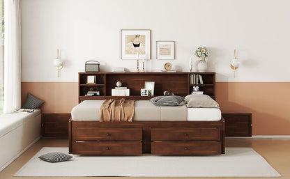 Full Size Wooden Captain Bed with Built-in Storage Shelves, 4 Drawers and 2 Cabinets, Antique Brown image 7