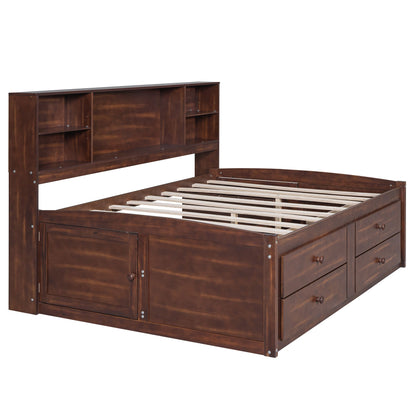 Full Size Wooden Captain Bed with Built-in Storage Shelves, 4 Drawers and 2 Cabinets, Antique Brown image 15