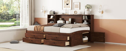 Full Size Wooden Captain Bed with Built-in Storage Shelves, 4 Drawers and 2 Cabinets, Antique Brown image 6