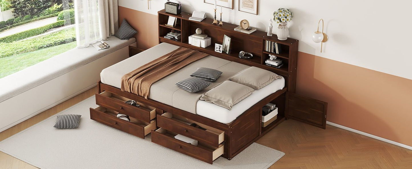 Full Size Wooden Captain Bed with Built-in Storage Shelves, 4 Drawers and 2 Cabinets, Antique Brown image 4