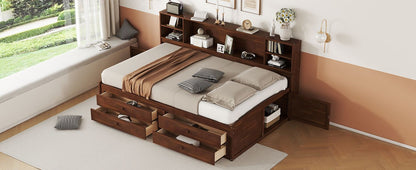 Full Size Wooden Captain Bed with Built-in Storage Shelves, 4 Drawers and 2 Cabinets, Antique Brown image 4