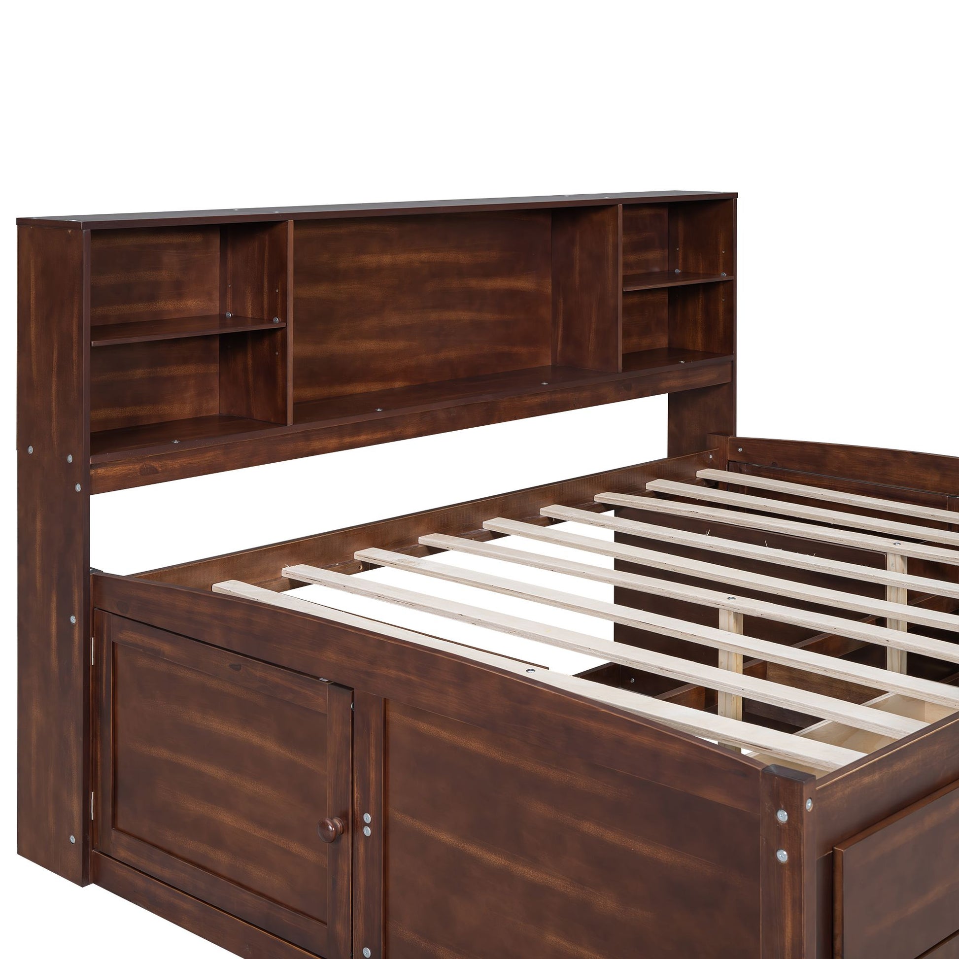 Full Size Wooden Captain Bed with Built-in Storage Shelves, 4 Drawers and 2 Cabinets, Antique Brown image 16