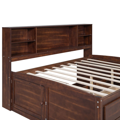 Full Size Wooden Captain Bed with Built-in Storage Shelves, 4 Drawers and 2 Cabinets, Antique Brown image 16