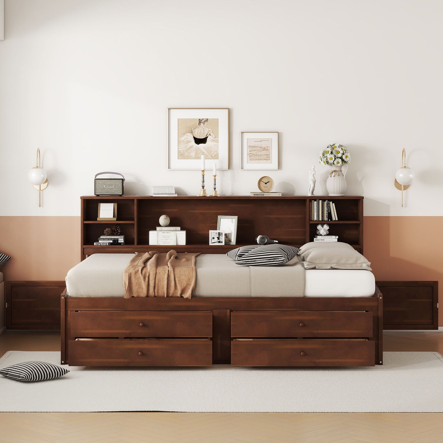 Full Size Wooden Captain Bed with Built-in Storage Shelves, 4 Drawers and 2 Cabinets, Antique Brown image 3