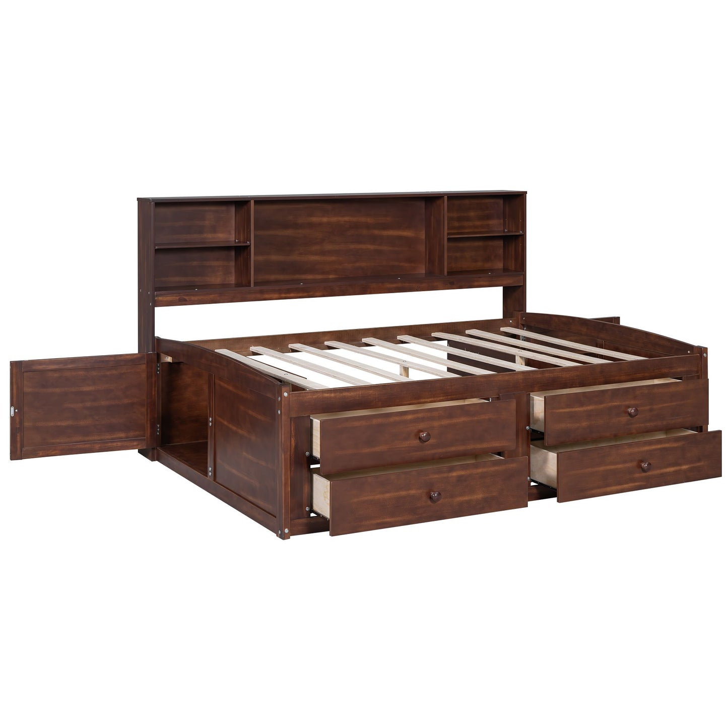 Full Size Wooden Captain Bed with Built-in Storage Shelves, 4 Drawers and 2 Cabinets, Antique Brown image 12