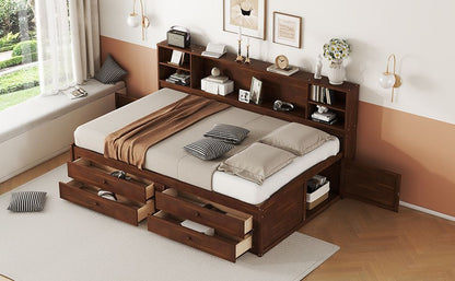 Full Size Wooden Captain Bed with Built-in Storage Shelves, 4 Drawers and 2 Cabinets, Antique Brown image 9