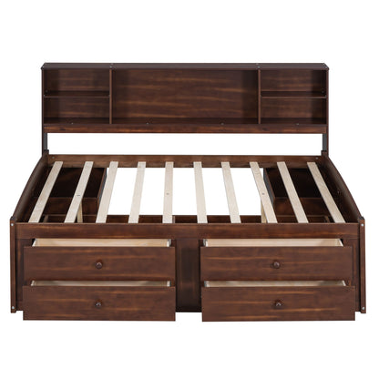 Full Size Wooden Captain Bed with Built-in Storage Shelves, 4 Drawers and 2 Cabinets, Antique Brown image 13