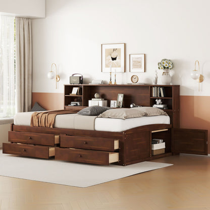 Full Size Wooden Captain Bed with Built-in Storage Shelves, 4 Drawers and 2 Cabinets, Antique Brown image 2