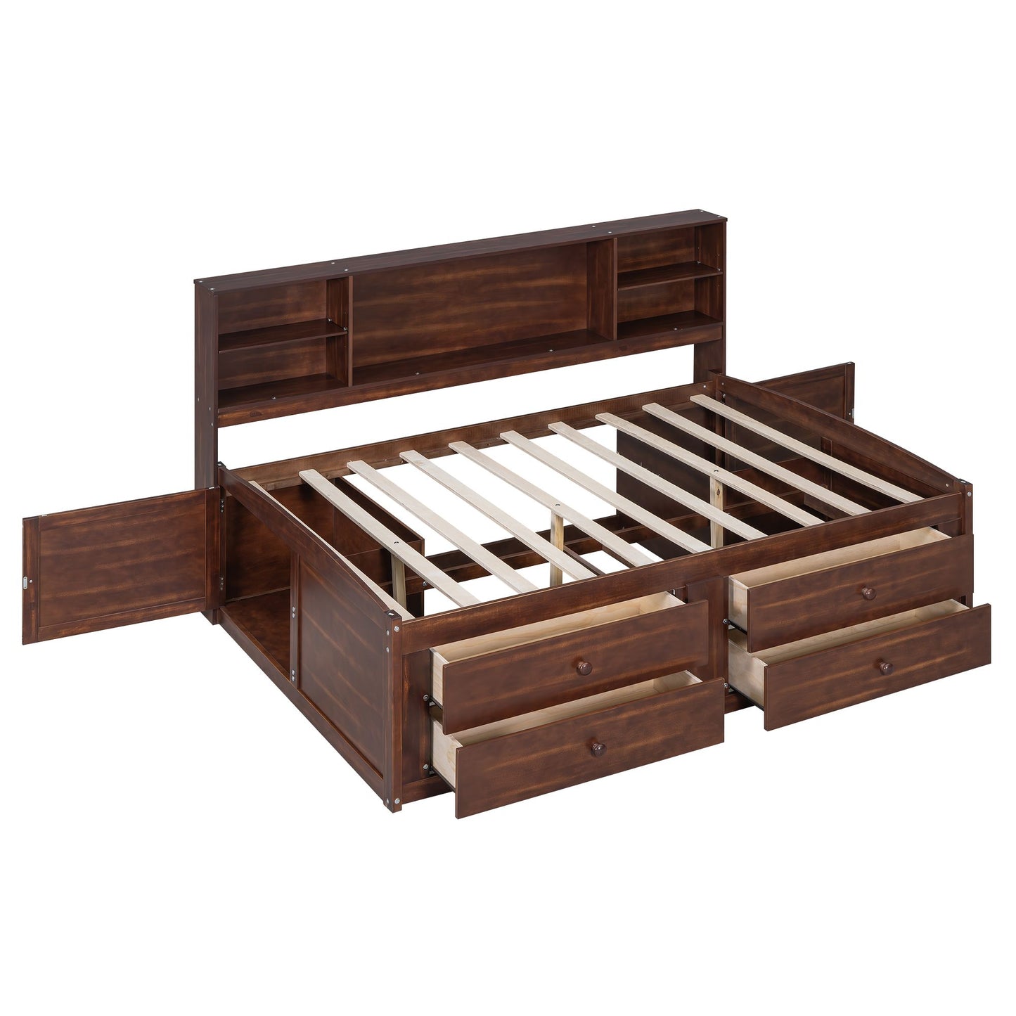Full Size Wooden Captain Bed with Built-in Storage Shelves, 4 Drawers and 2 Cabinets, Antique Brown image 18