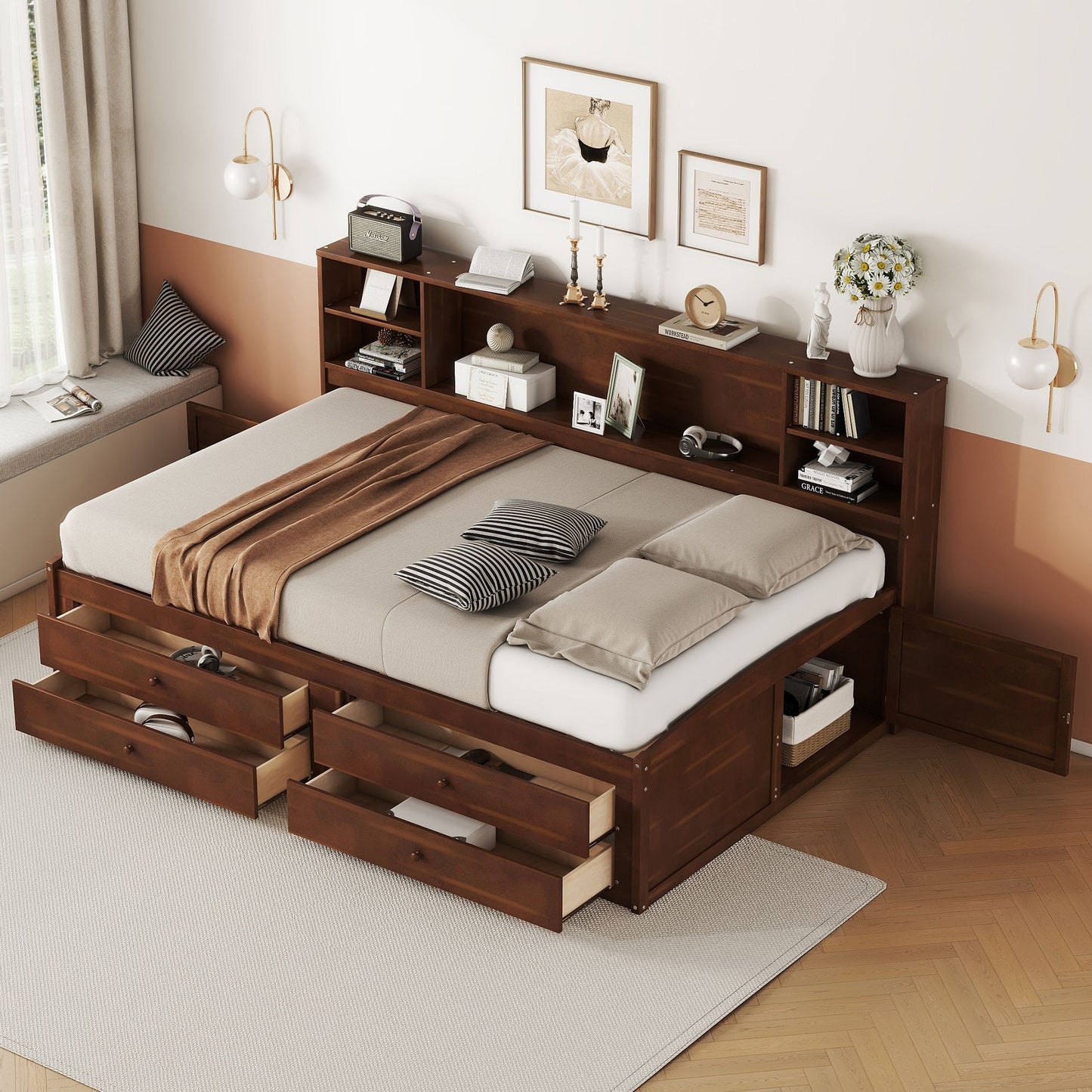 Full Size Wooden Captain Bed with Built-in Storage Shelves, 4 Drawers and 2 Cabinets, Antique Brown image 1