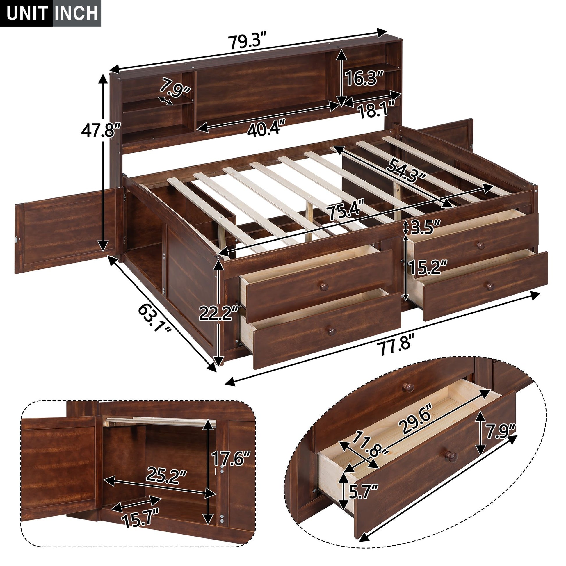 Full Size Wooden Captain Bed with Built-in Storage Shelves, 4 Drawers and 2 Cabinets, Antique Brown image 10