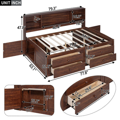 Full Size Wooden Captain Bed with Built-in Storage Shelves, 4 Drawers and 2 Cabinets, Antique Brown image 10
