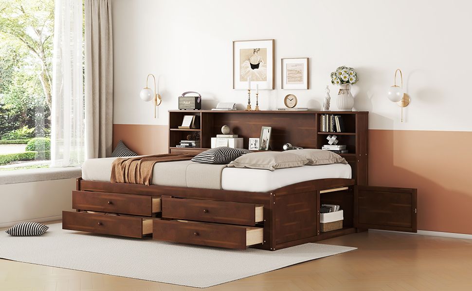 Full Size Wooden Captain Bed with Built-in Storage Shelves, 4 Drawers and 2 Cabinets, Antique Brown image 8
