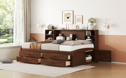 Full Size Wooden Captain Bed with Built-in Storage Shelves, 4 Drawers and 2 Cabinets, Antique Brown image 8