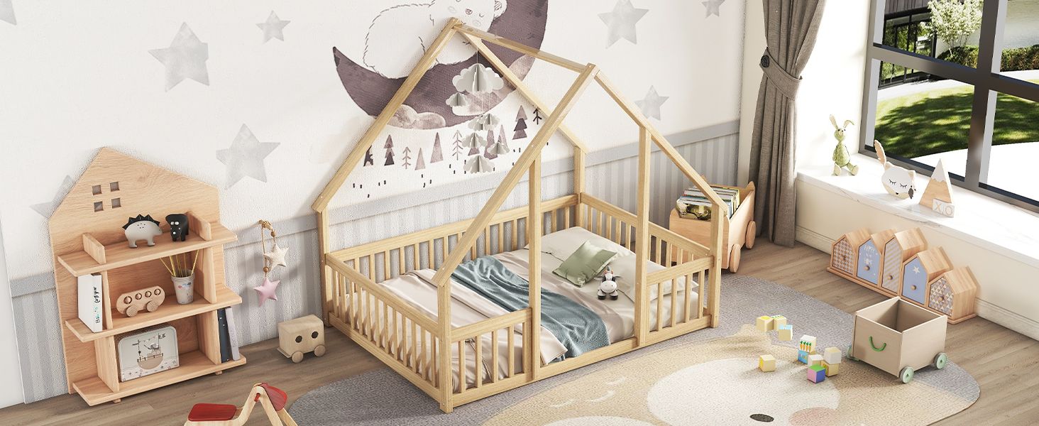 Full Wood House-Shaped Floor Bed with Fence, Guardrails,Natural image 18