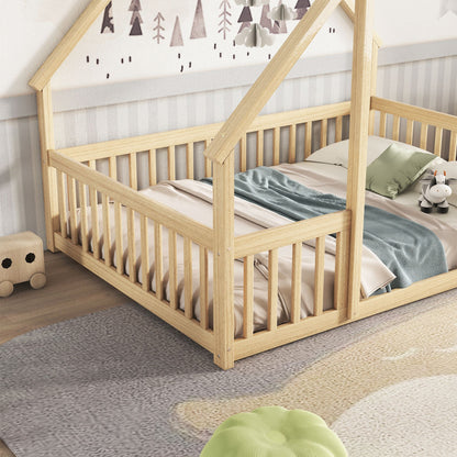 Full Wood House-Shaped Floor Bed with Fence, Guardrails,Natural image 10