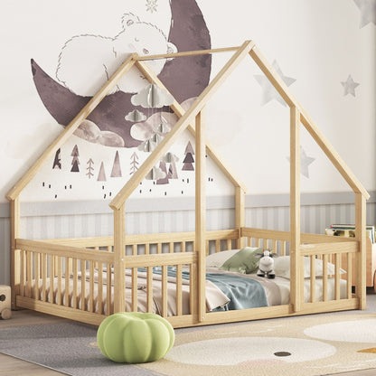 Full Wood House-Shaped Floor Bed with Fence, Guardrails,Natural image 7