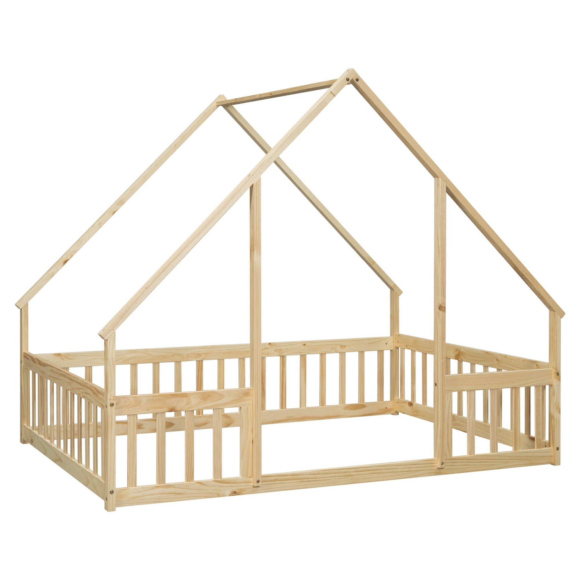 Full Wood House-Shaped Floor Bed with Fence, Guardrails,Natural image 4