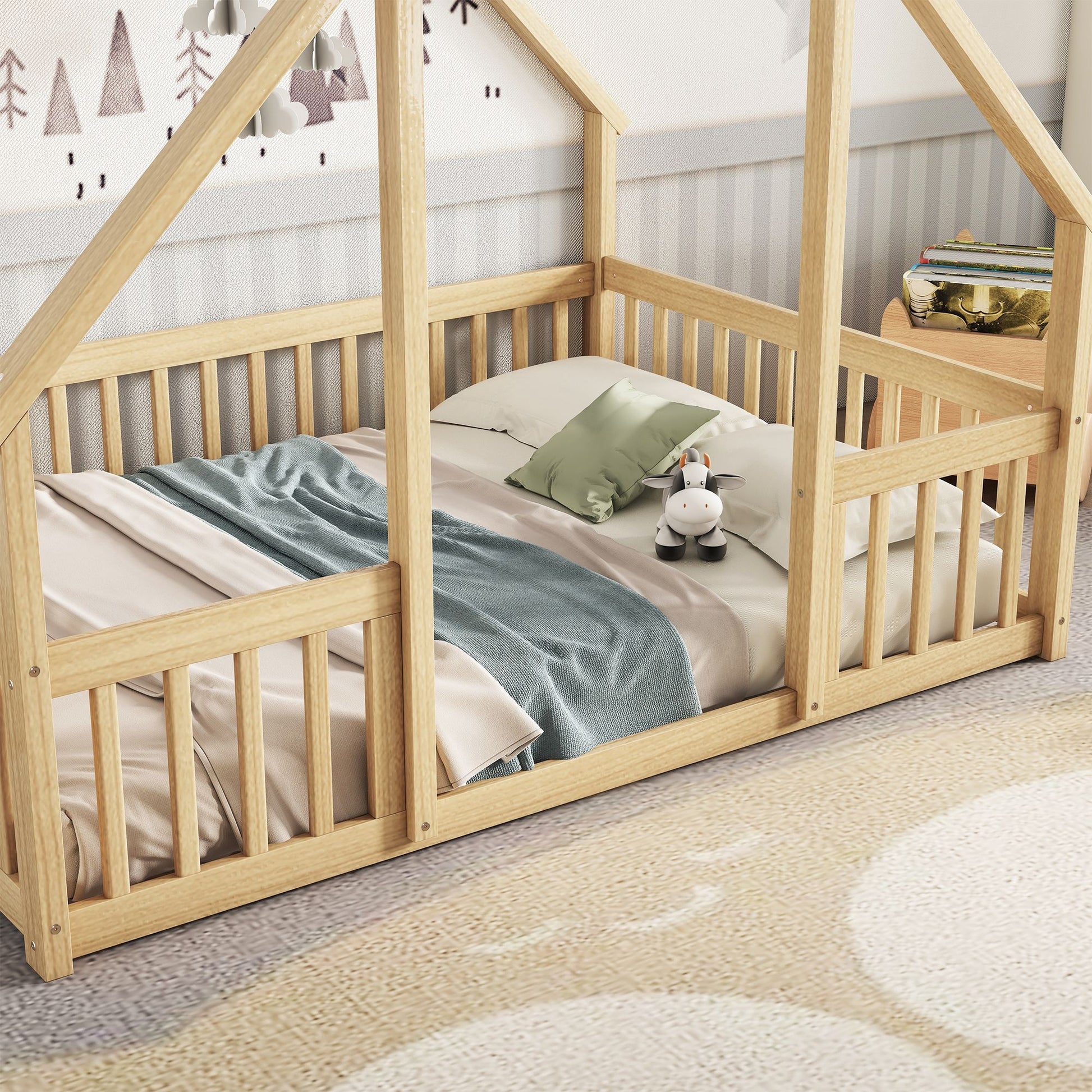 Full Wood House-Shaped Floor Bed with Fence, Guardrails,Natural image 12