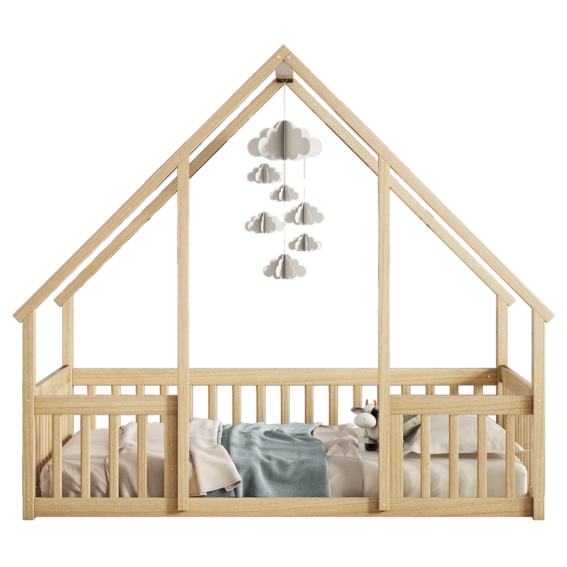 Full Wood House-Shaped Floor Bed with Fence, Guardrails,Natural image 19