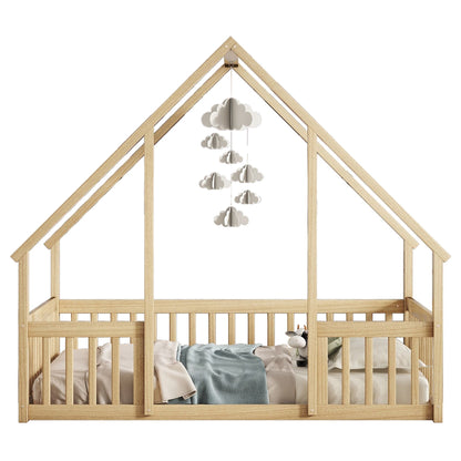 Full Wood House-Shaped Floor Bed with Fence, Guardrails,Natural image 19