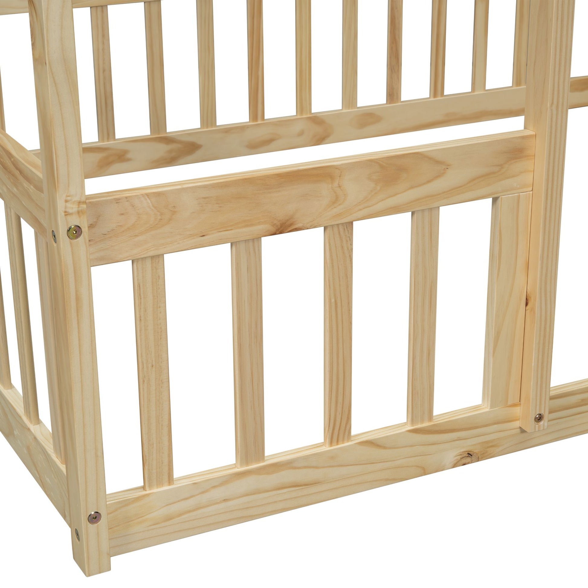 Full Wood House-Shaped Floor Bed with Fence, Guardrails,Natural image 5