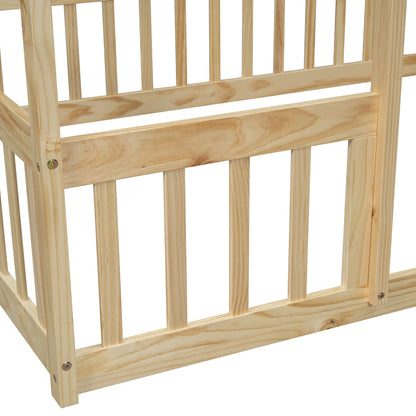 Full Wood House-Shaped Floor Bed with Fence, Guardrails,Natural image 5