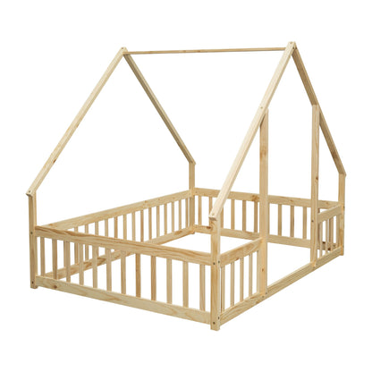 Full Wood House-Shaped Floor Bed with Fence, Guardrails,Natural image 1