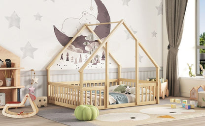 Full Wood House-Shaped Floor Bed with Fence, Guardrails,Natural image 15