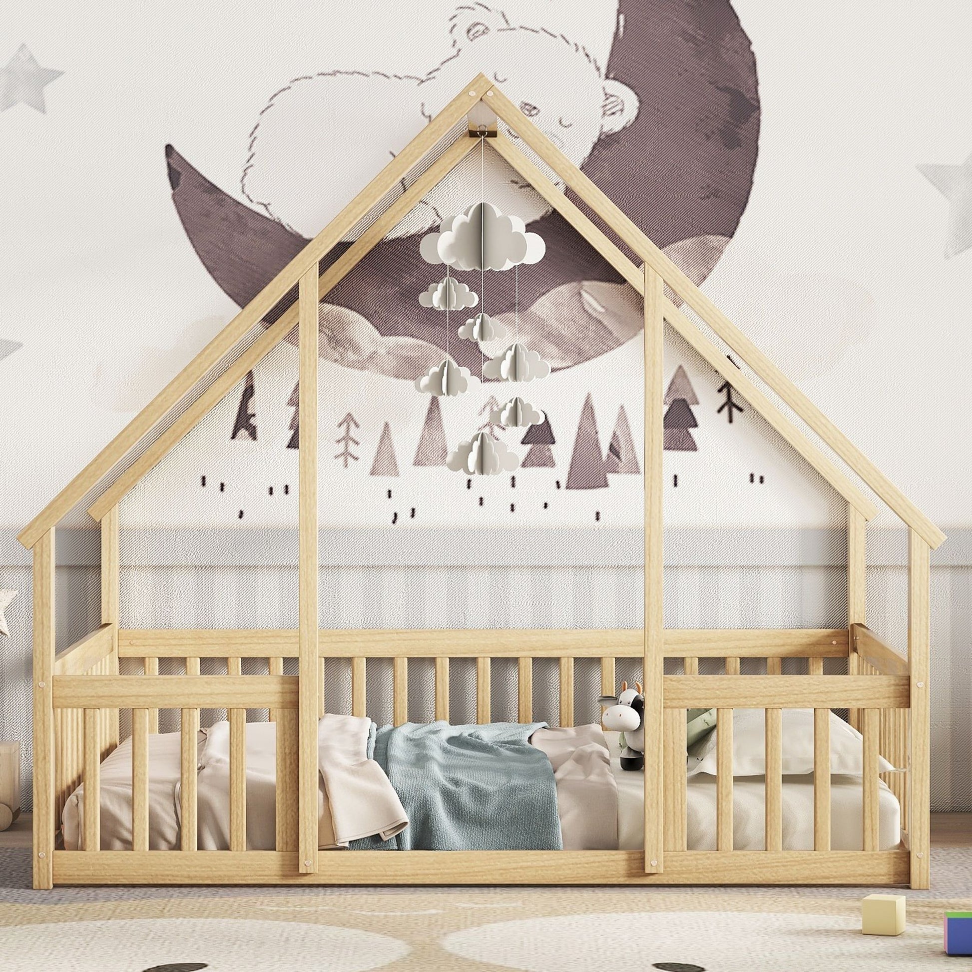 Full Wood House-Shaped Floor Bed with Fence, Guardrails,Natural image 8