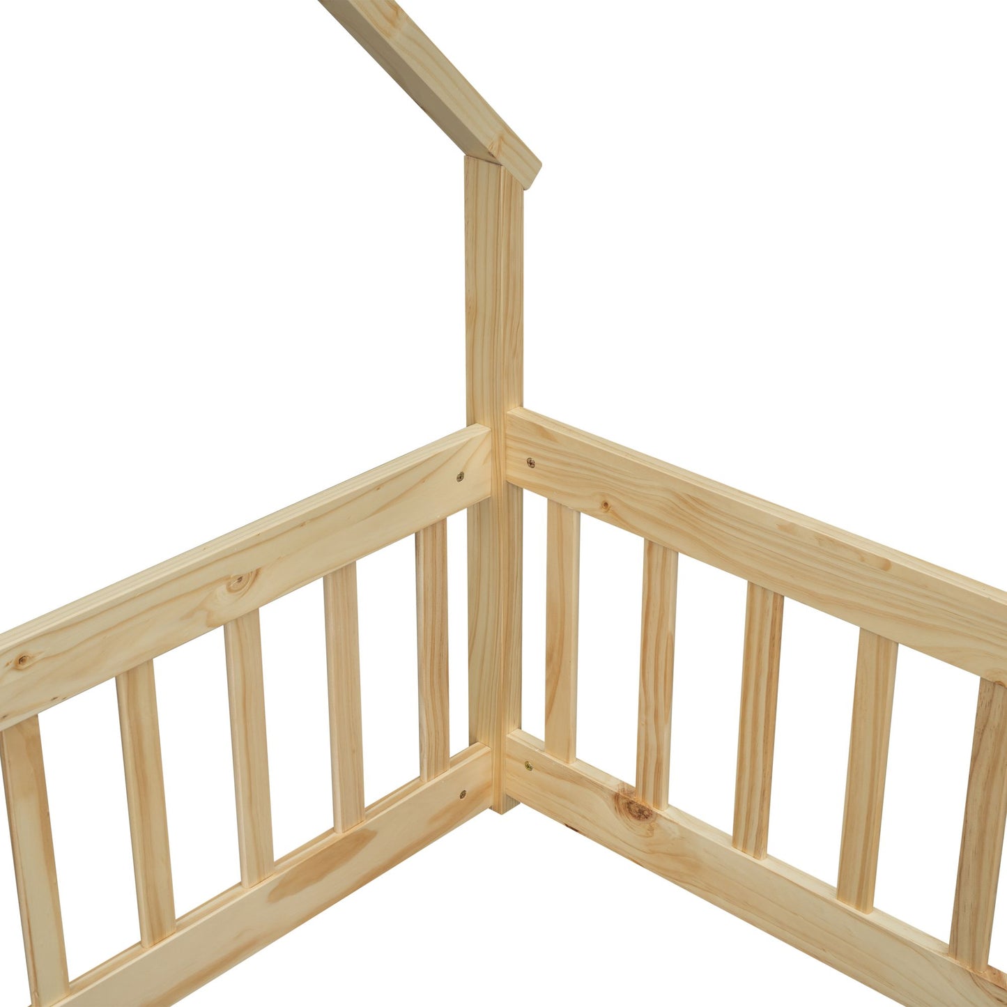 Full Wood House-Shaped Floor Bed with Fence, Guardrails,Natural image 2