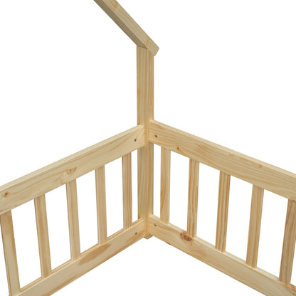 Full Wood House-Shaped Floor Bed with Fence, Guardrails,Natural image 2