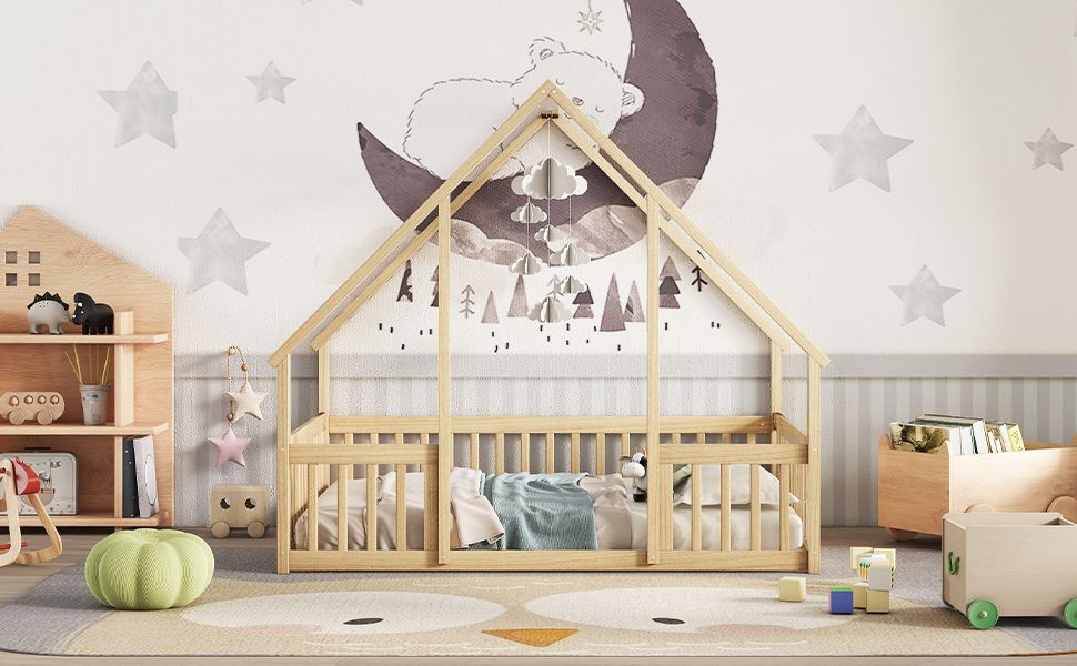 Full Wood House-Shaped Floor Bed with Fence, Guardrails,Natural image 14