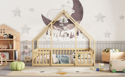 Full Wood House-Shaped Floor Bed with Fence, Guardrails,Natural image 14