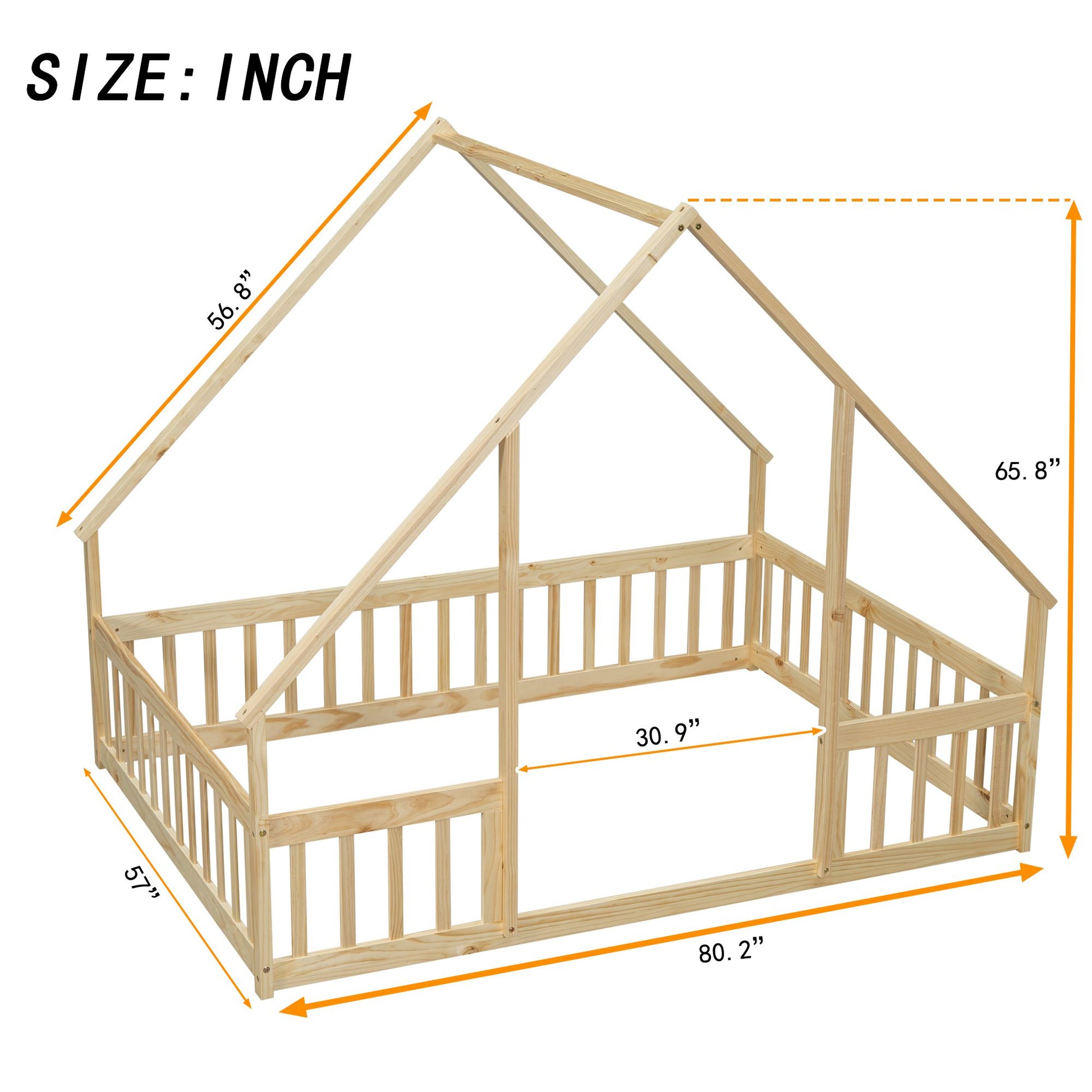 Full Wood House-Shaped Floor Bed with Fence, Guardrails,Natural image 20